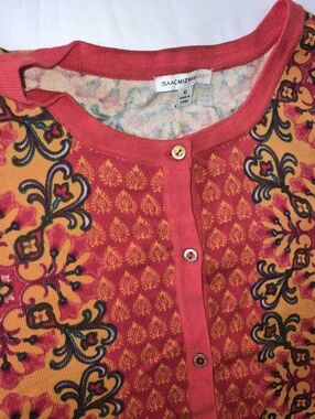 Isaac Mizrahi Live! Gree & Orange Patterned Cardigan With 3/4